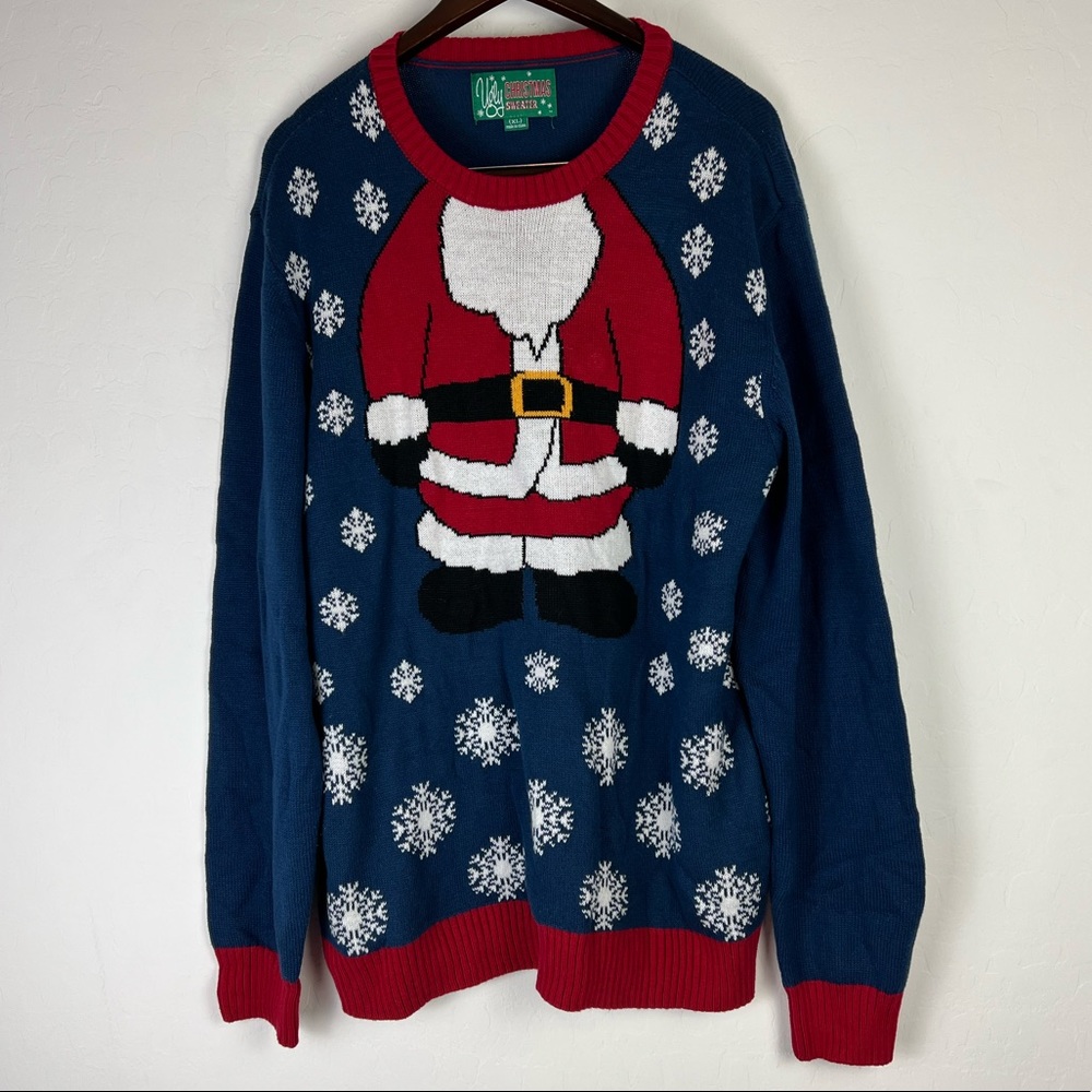Ugly Christmas Sweater Lighted Santa Claus Body Snow blue and white Size…